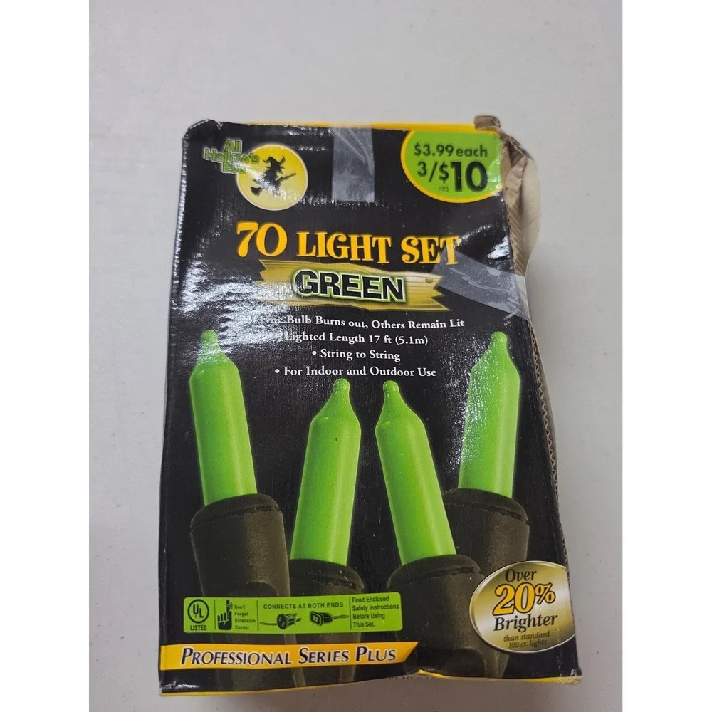 All Hallow's Eve 70 Count Green String Lights, Halloween Theme, Black Wire